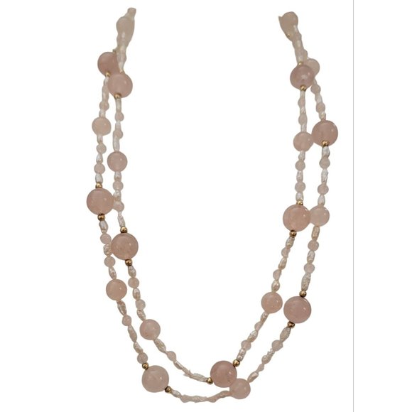 14K Yellow Gold Rose Quart, Rice Pearl Double Strand Necklace, 17" Long K794 - Picture 8 of 8